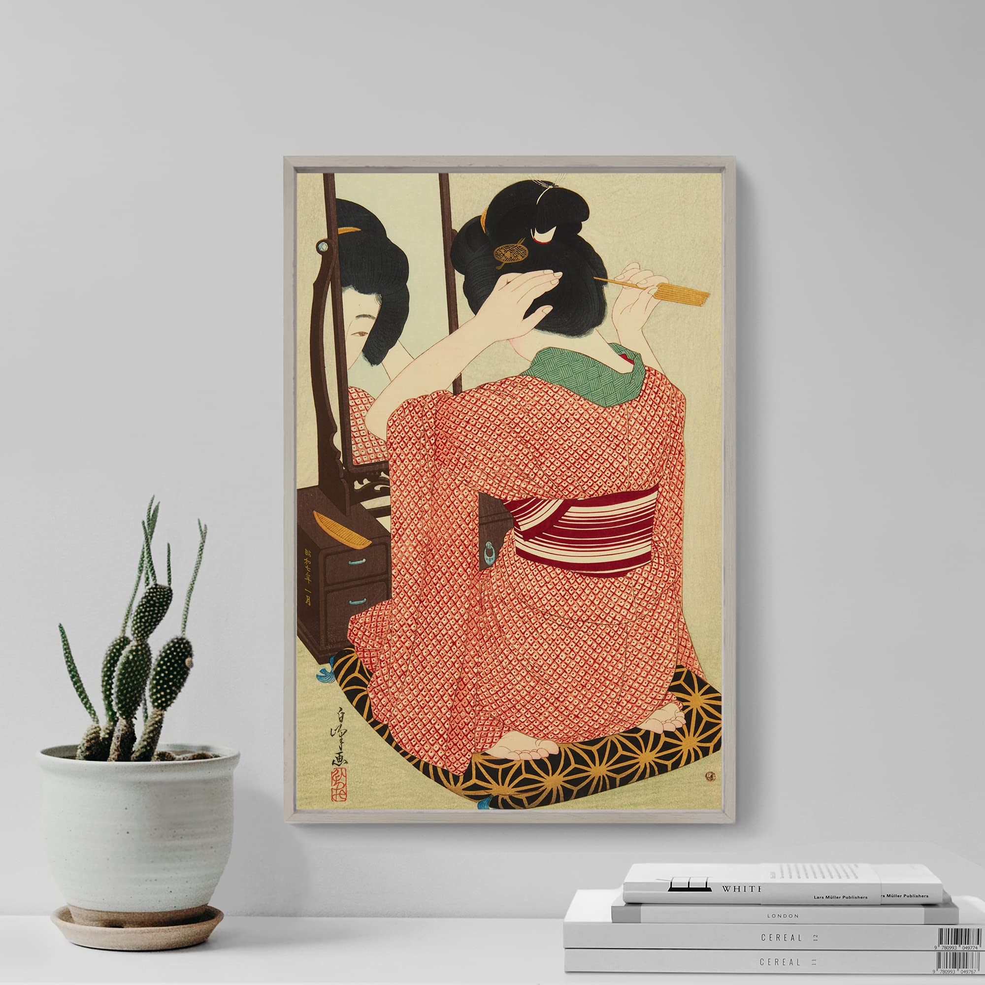 髪を結ぶ女　額縁入り　絵画　by M.Onishi Amazon.com: Textured Paper - Katsushika Hokusai - Woman Combing